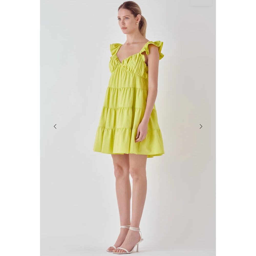 Endless Rose Tiered Ruffle Mini Dress Size XS Chartruse Yellow Babydoll Dress